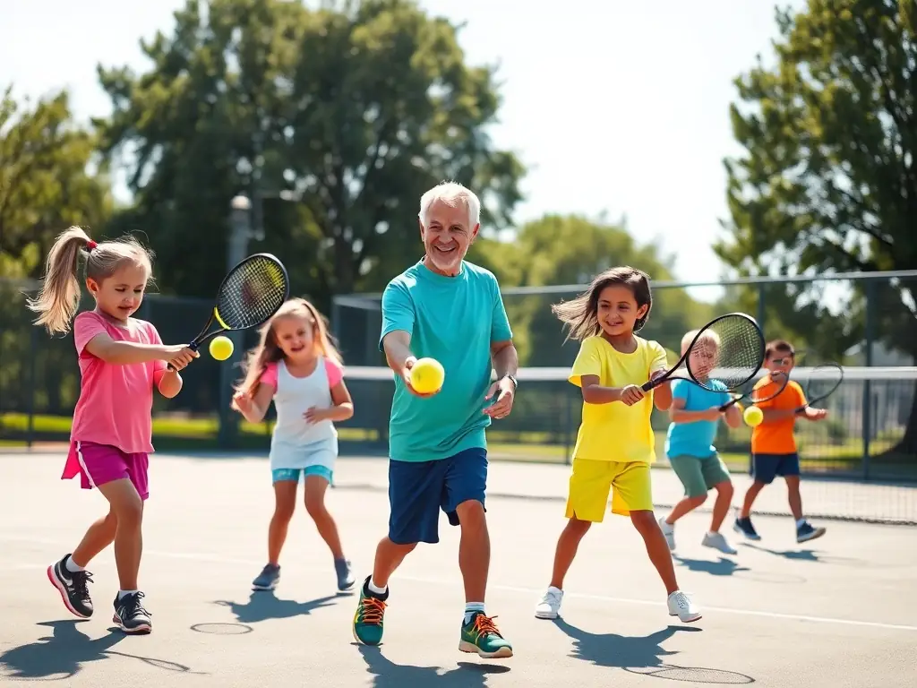 Children participating in a tennis drill with a coach on a vibrant court, emphasizing fun and skill development.