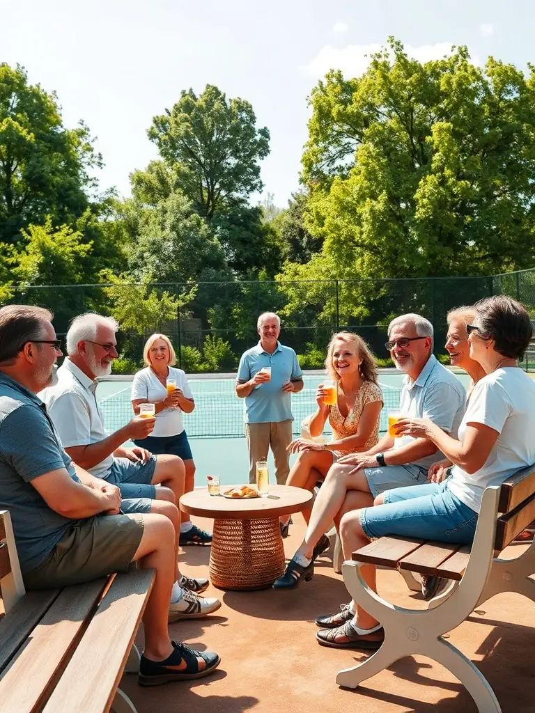 A diverse group of tennis players socializing and enjoying refreshments after a match, highlighting the club's friendly atmosphere.