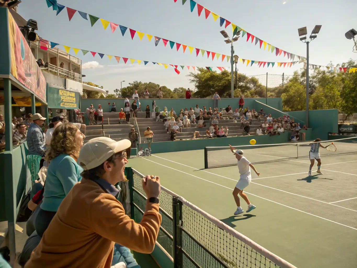 A dynamic image of a community tennis tournament, showcasing friendly competition, social interaction, and community spirit at TENNIS CLUB DE GRANDCAMP MAISY.