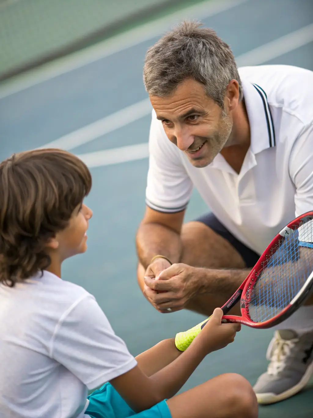 A professional tennis coach providing personalized instruction to an adult player, focusing on technique and strategy on a well-maintained court.
