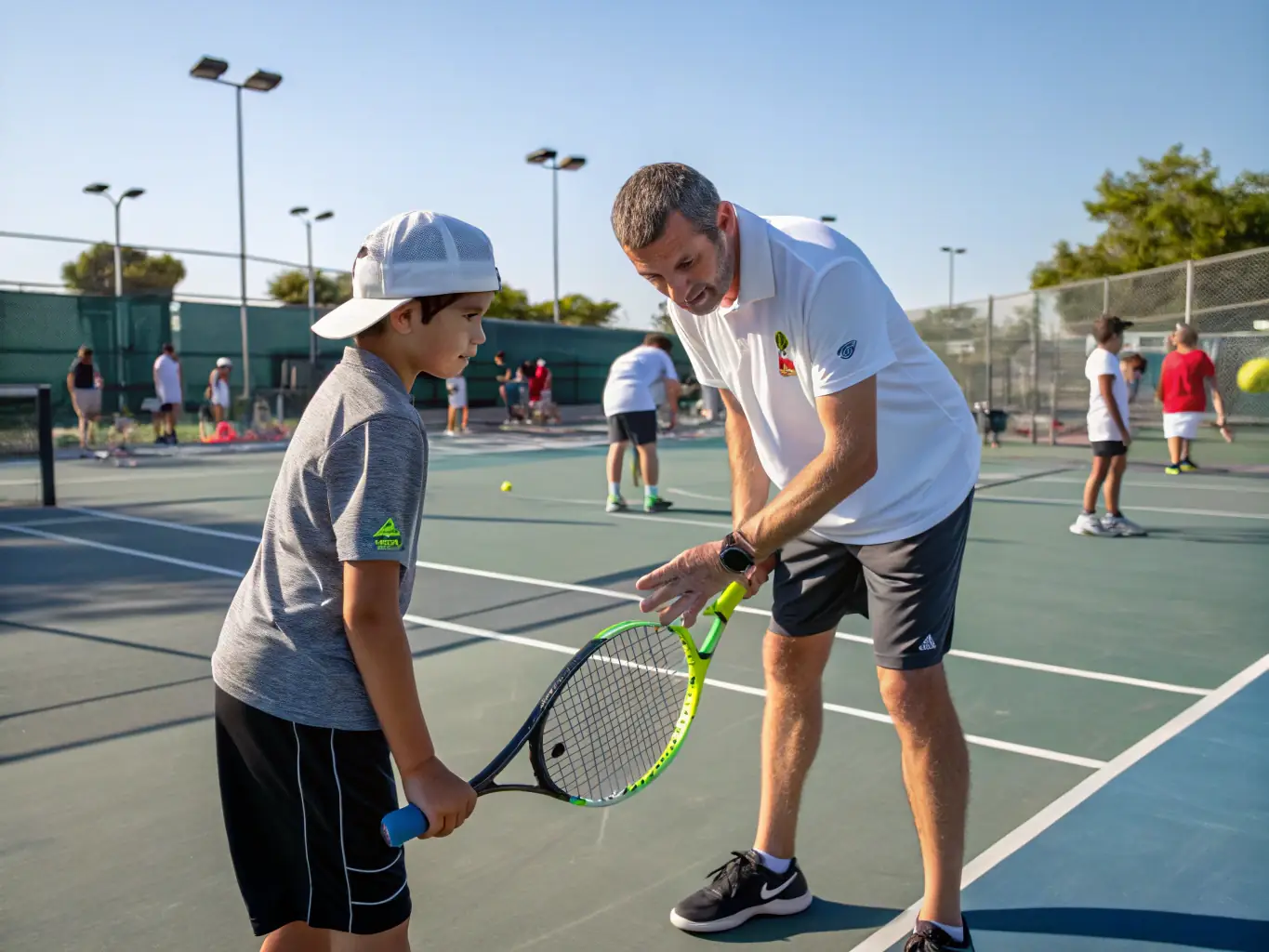 A vibrant image of adults participating in a tennis clinic, focusing on skill development and personalized coaching at TENNIS CLUB DE GRANDCAMP MAISY.