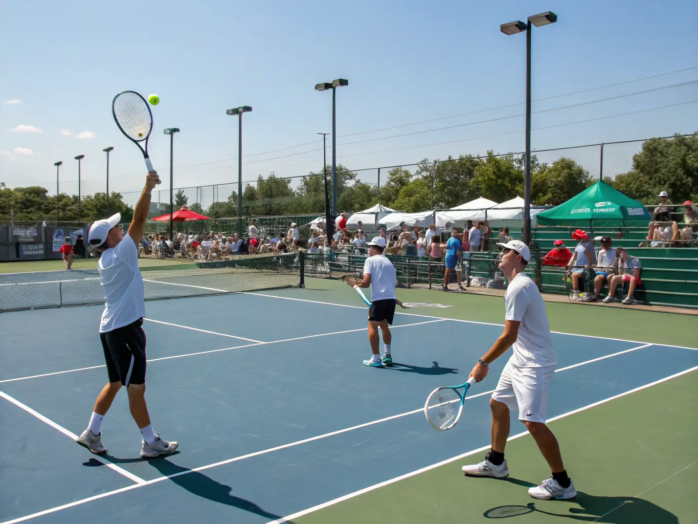 A lively tennis tournament with players and spectators enjoying the event outdoors, showcasing community spirit.