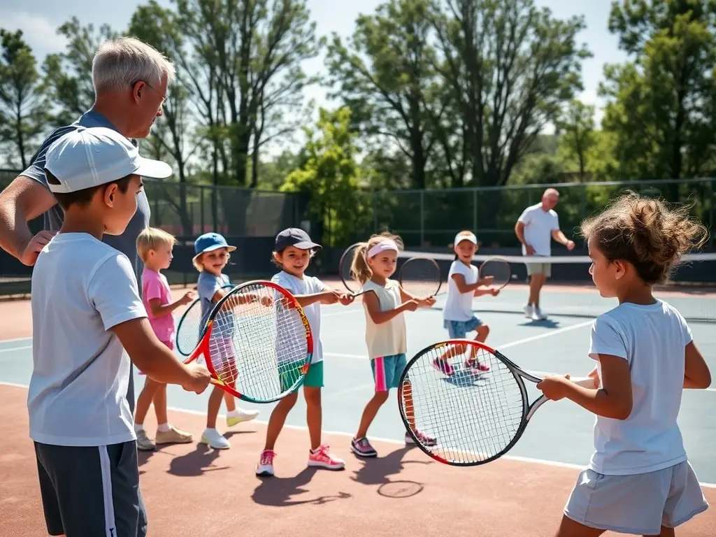 A lively image of children engaged in a junior tennis program, emphasizing fun, skill-building, and sportsmanship at TENNIS CLUB DE GRANDCAMP MAISY.