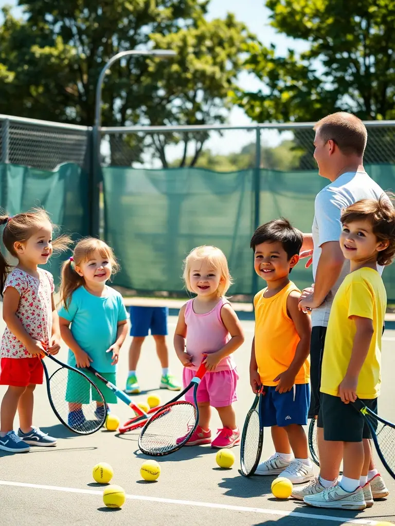 A group of children participating in a fun tennis drill, emphasizing teamwork and skill development in a supportive environment.